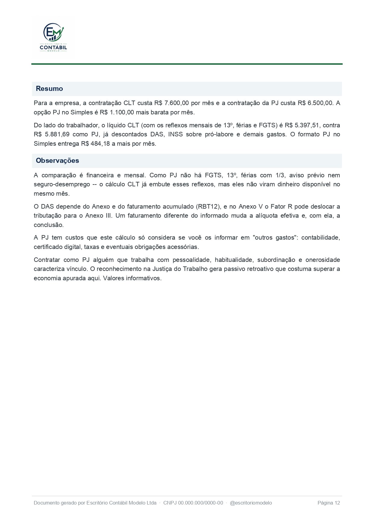 Página 12 do relatório de amostra: Análise CLT x Simples